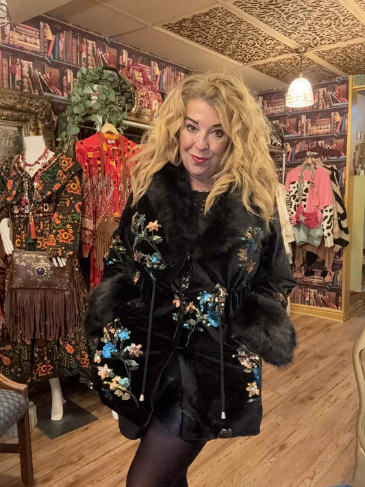 THE 'KIKI' LUXURIOUS VELVET COAT WITH STUNNING SEQUIN, FAUX FUR AND EMBROIDERED DETAIL