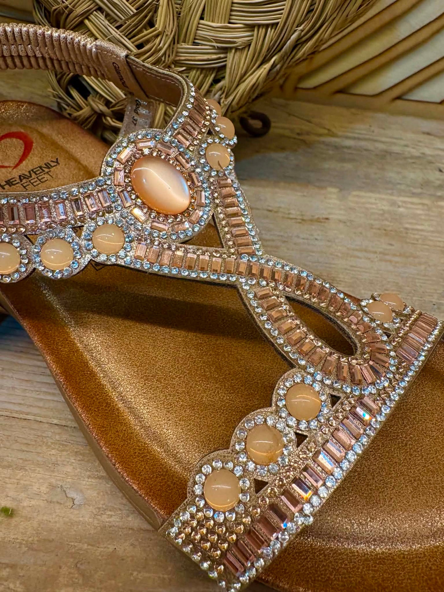 THE 'GOA' ROSE GOLD STUNNING JEWEL EMBELLISHED SUPER COMFORT CUSHION SOLE T BAR SANDAL