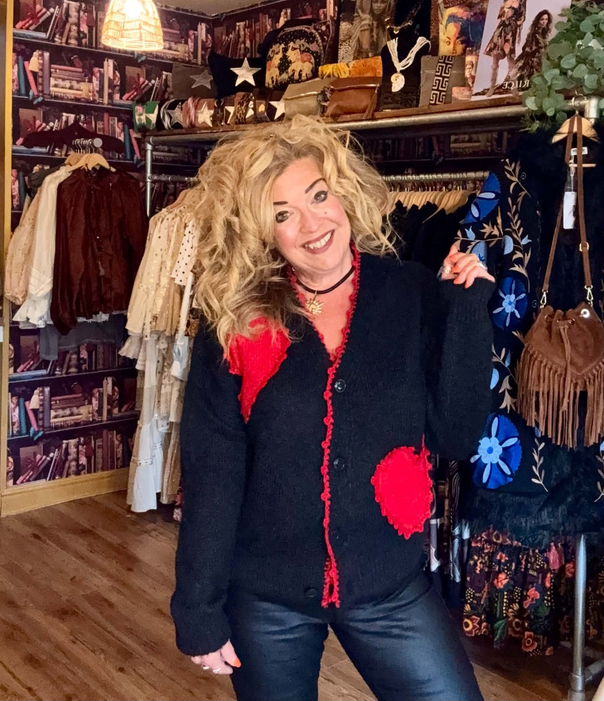 THE 'LOVE IS' SUPERSOFT FLUFFY CARDIGAN WITH APPLIQUE KNITTED HEARTS IN BLACK OR PALE GREY