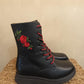 THE 'SASSY' BEAUTIFUL CLASSIC BLACK ROSE EMBROIDERED SUPER COMFORT LACE UP/ZIP BOOT 100% VEGAN