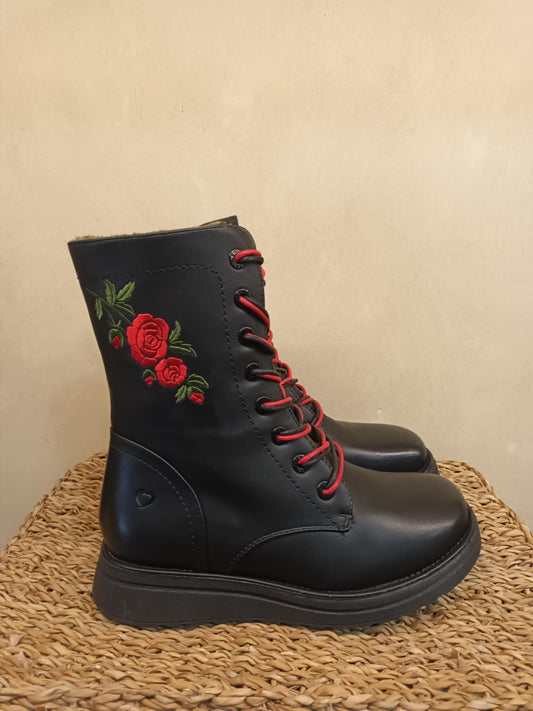 THE 'SASSY' BEAUTIFUL CLASSIC BLACK ROSE EMBROIDERED SUPER COMFORT LACE UP/ZIP BOOT 100% VEGAN