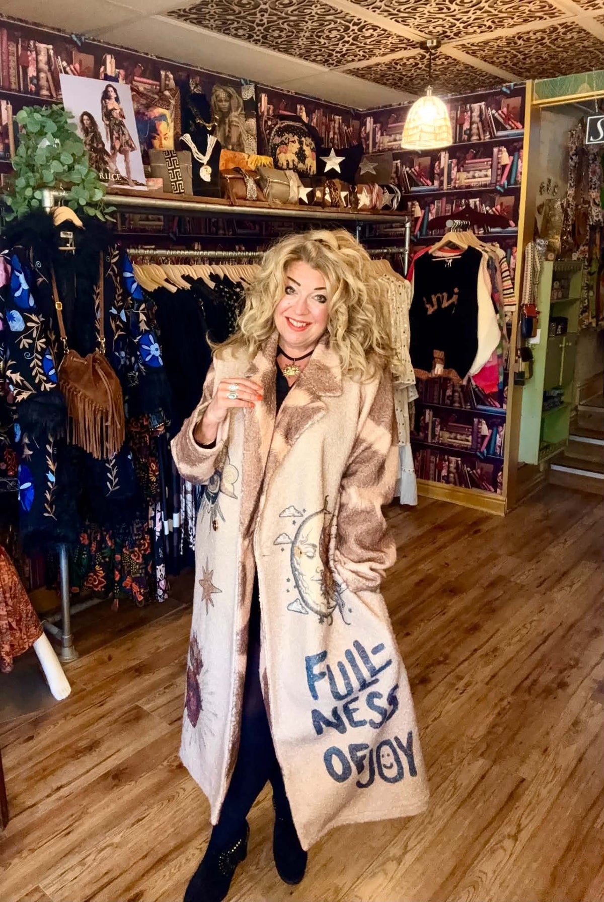 THE CELESTIAL VIBES STUNNING SUN, MOON AND MYSTIC PRINT BUTTON FRONT BORG COAT
