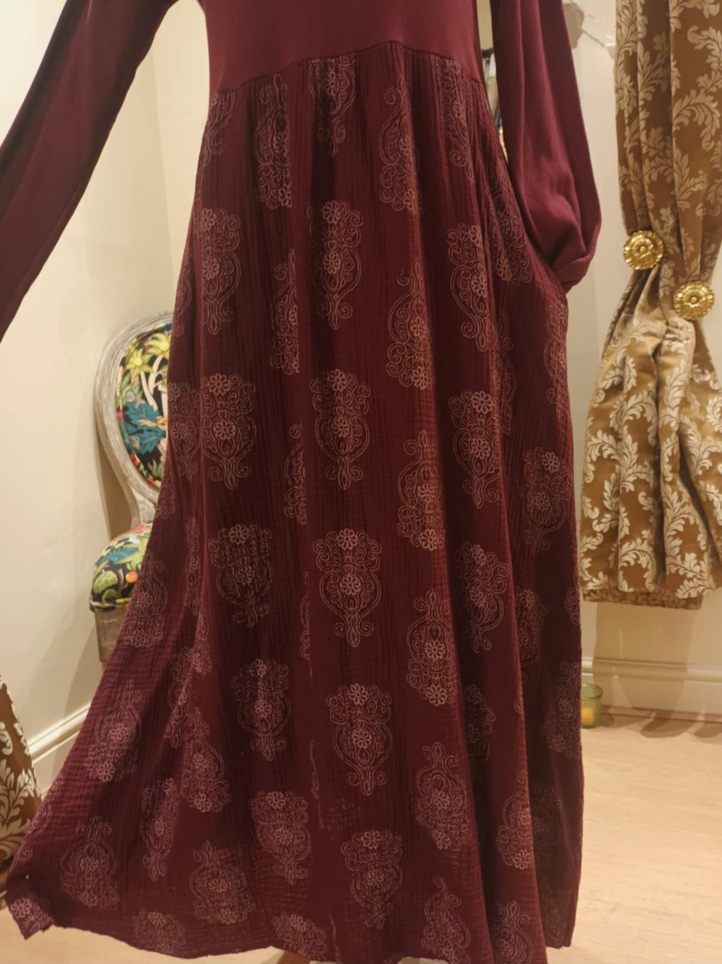 THE 'MANDALA' STUNNING SPIRITUAL PRINT COSY JERSEY DRESS WITH POCKETS WINE, KHAKI OR NAVY