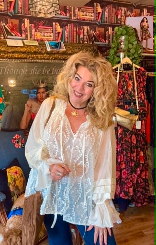 THE 'VICTORIANA' BEAUTIFUL BOHEMIAN VINTAGE STYLE EMBELLISHED FRILL CUFFED BLOUSE IN ANTIQUE CREAM
