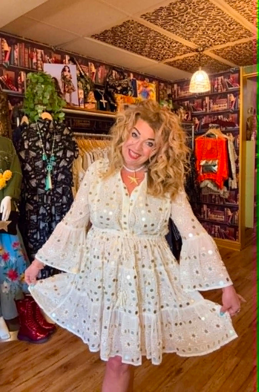 THE 'NURIA' STUNNING SNOWY WHITE SEQUINNED AND BEADED BELL SLEEVE BOHEMIAN TUNIC DRESS FROM OUR EXCLUSIVE SPANISH COLLECTION