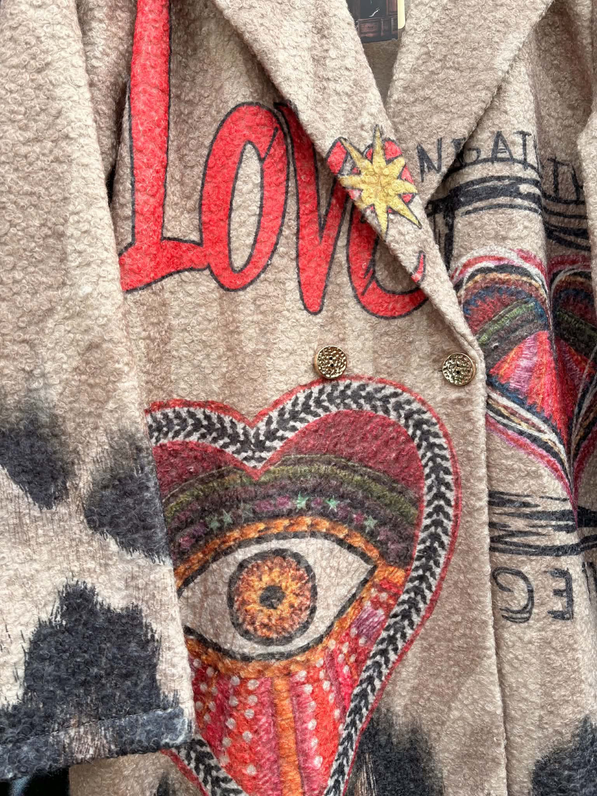 THE 'CELESTIAL LOVE' COSY OVERSIZED BUTTON FRONT BLANKET COAT WITH HEARTS, SUNS AND MYSTIC EYES