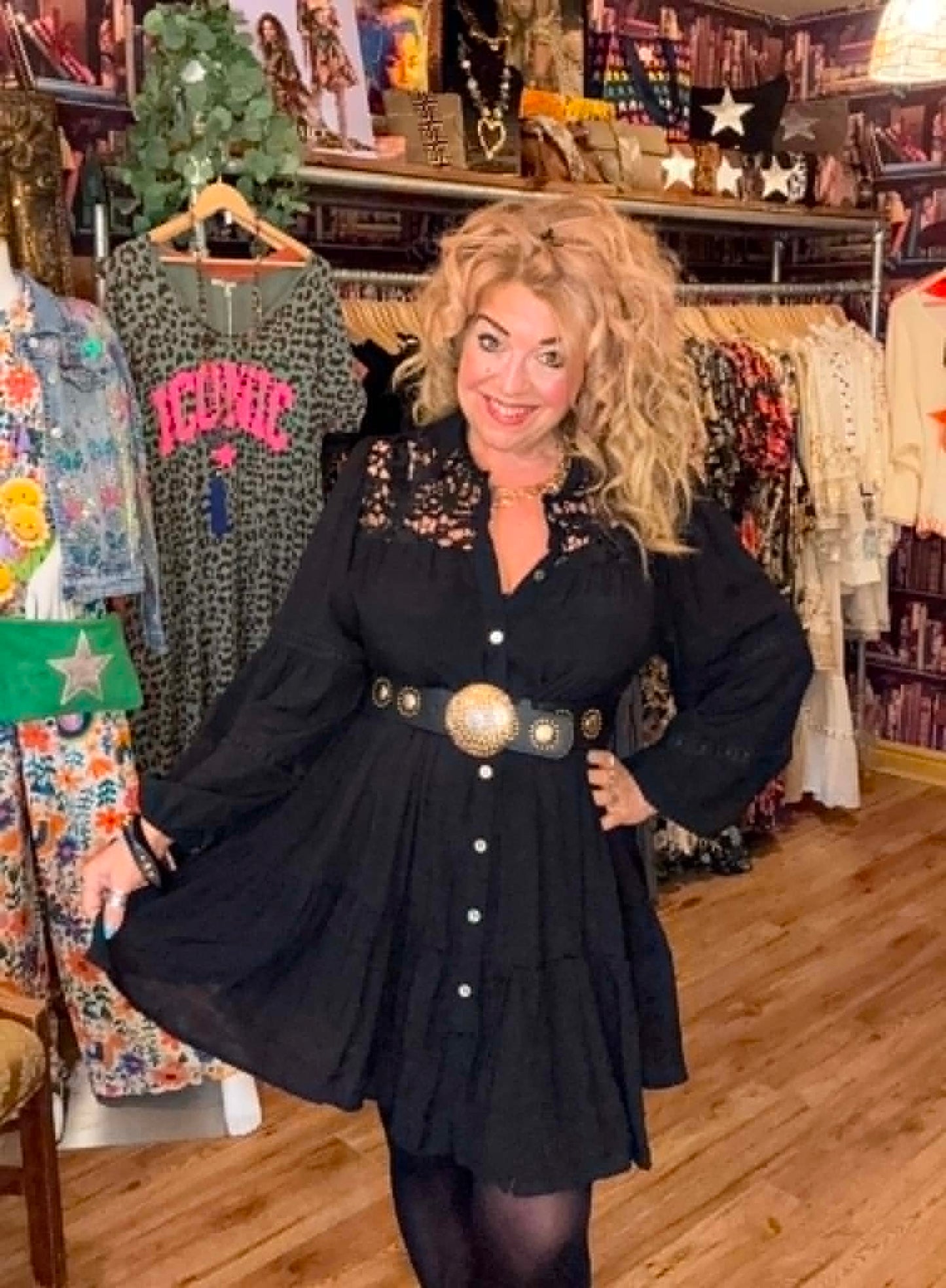 THE 'LOTTIE' BEAUTIFUL BOHEMIAN BUTTON THROUGH CROCHET DETAIL FLIPPY SHIRT DRESS BLACK