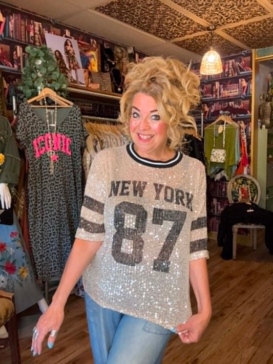 THE 'SPORT AND SEQUINS' SASSY SEQUIN AMERICAN SPORTY TOP WITH SEQUIN SHIMMERS