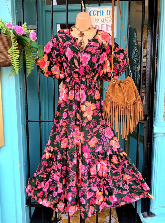 THE 'ALHAMBRA SUNSET' BREATHTAKING VIBRANT BOTANICAL PRINT FRILL HEM DRESS FROM OUR EXCLUSIVE SPANISH COLLECTION