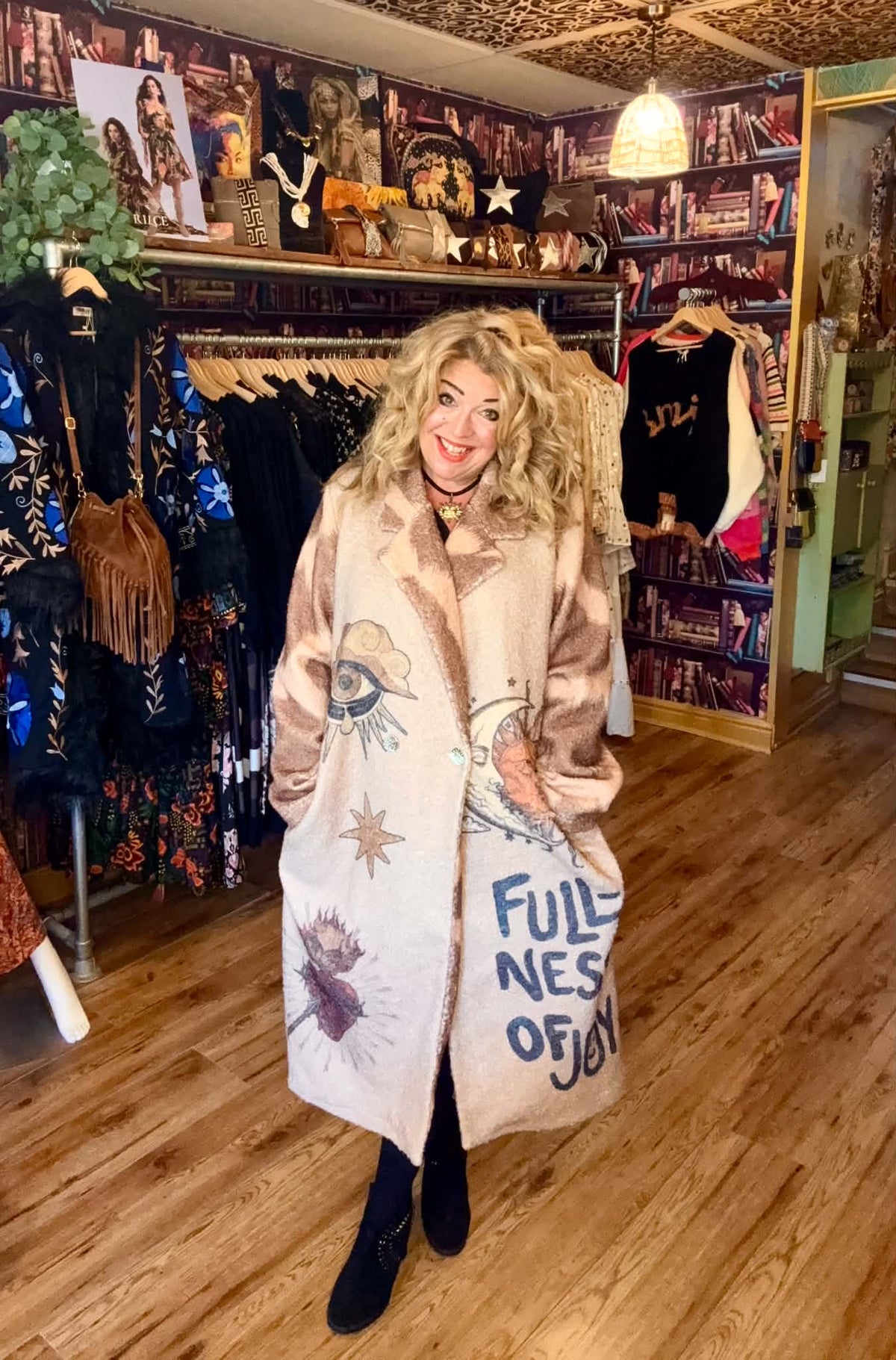 THE CELESTIAL VIBES STUNNING SUN, MOON AND MYSTIC PRINT BUTTON FRONT BORG COAT
