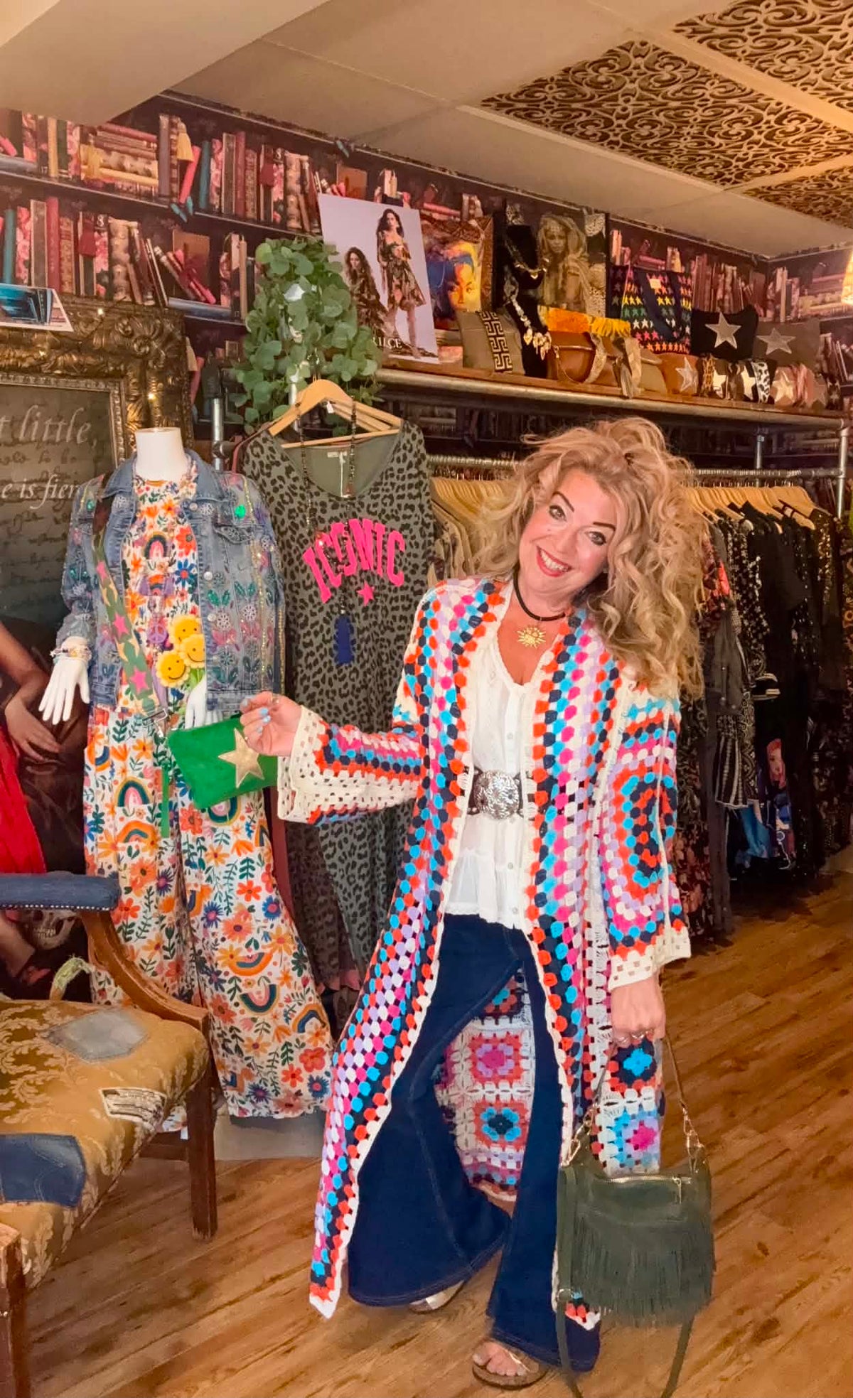 THE 'PATSY' CROCHET SQUARES 70'S STYLE MAXI CARDIGAN IN PRETTY RAINBOW COLOURS