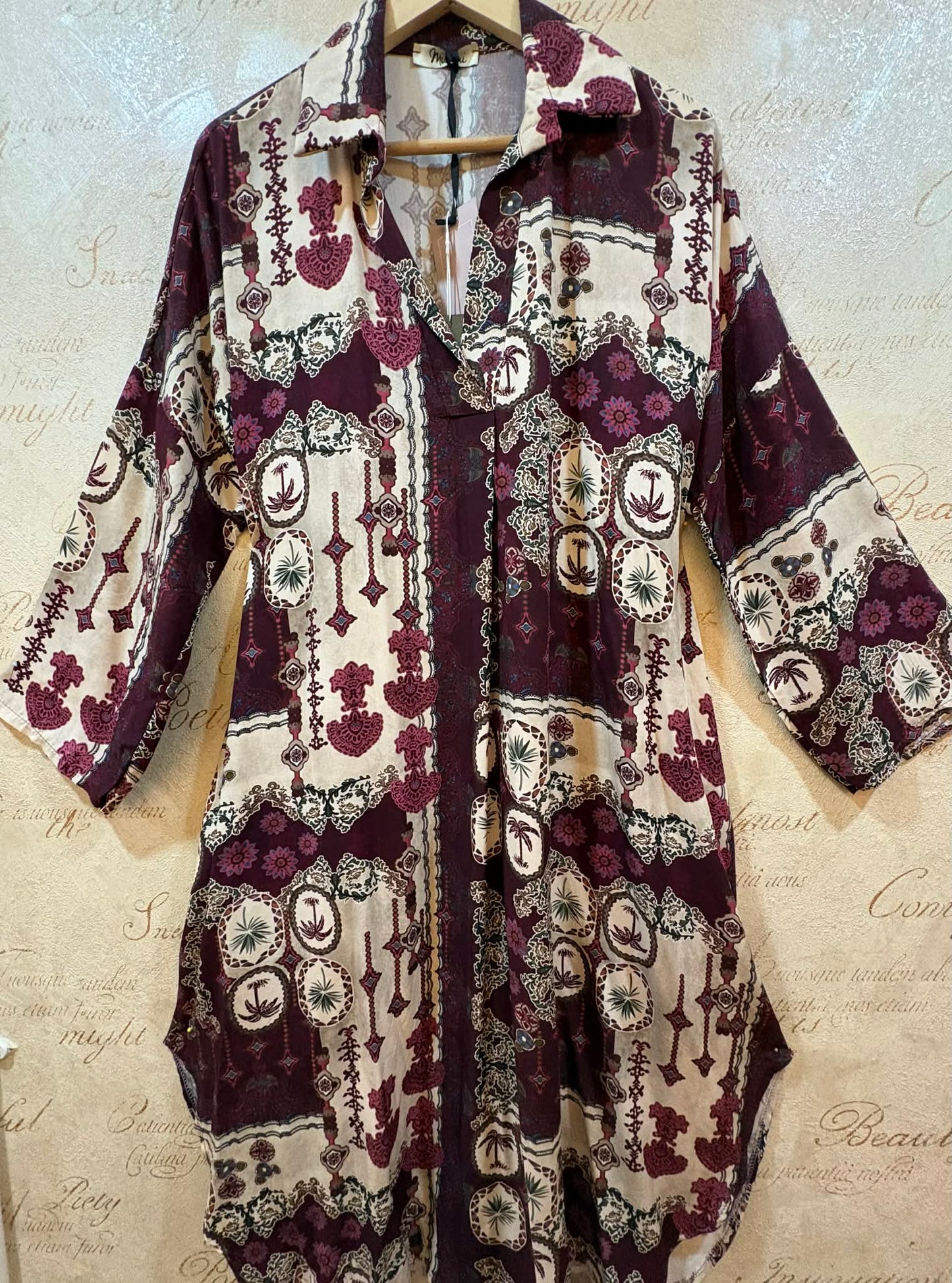 THE 'CASABLANCA' FABULOUSLY FLATTERING ETHNIC INSPIRED PRINT POCKET DETAIL SHIRT DRESS RUBY OR KHAKI