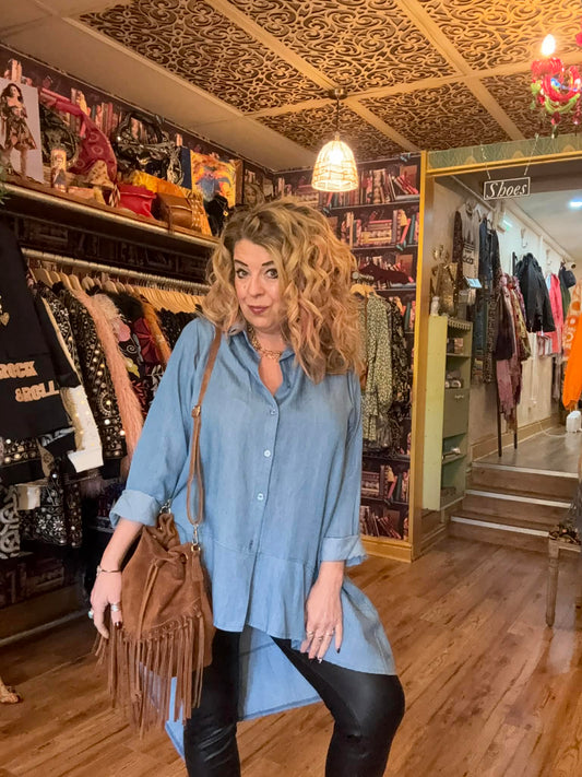 THE 'FREEBIRD' CLASSIC ROCK CHICK STYLE SUPERSOFT DENIM SHIRT WITH ASYMMETRIC BACK