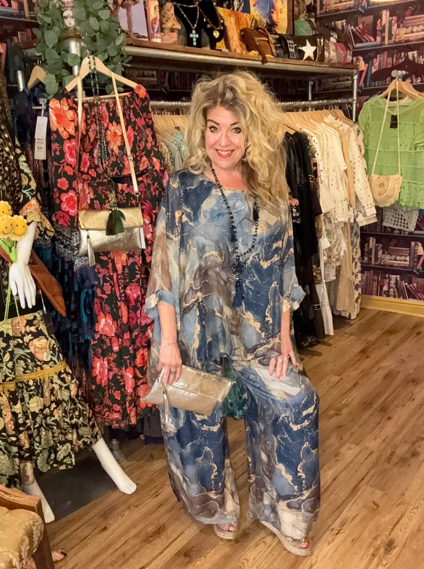 THE 'SIENNA' LUXURIOUS SILK BLEND MARBLE PRINT TWO PIECE FLOATY TROUSER SUIT PINK, KHAKI OR BLUE