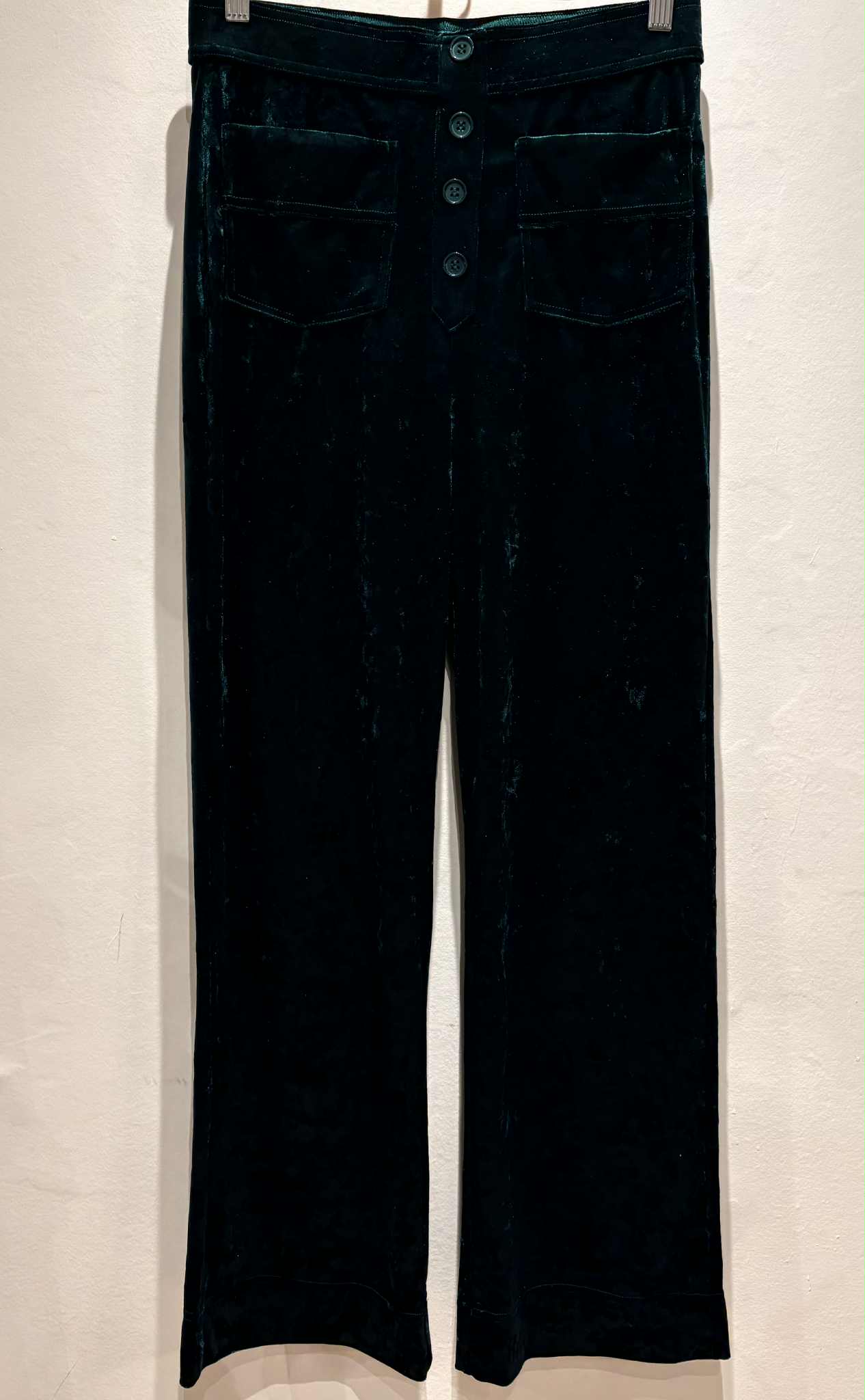 THE 'RITA ROCK CHICK' FABULOUS CRUSHED VELVET FIGURE SCULPTING FLARED BOOT CUT STRETCH TROUSERS BOTTLE GREEN OR CHERRY