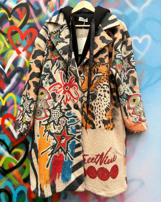 THE 'URBAN JUNGLE' FABULOUS GRAFFITI, TIGER AND MYSTIC PRINT COAT WITH HOODIE STYLE DETAIL