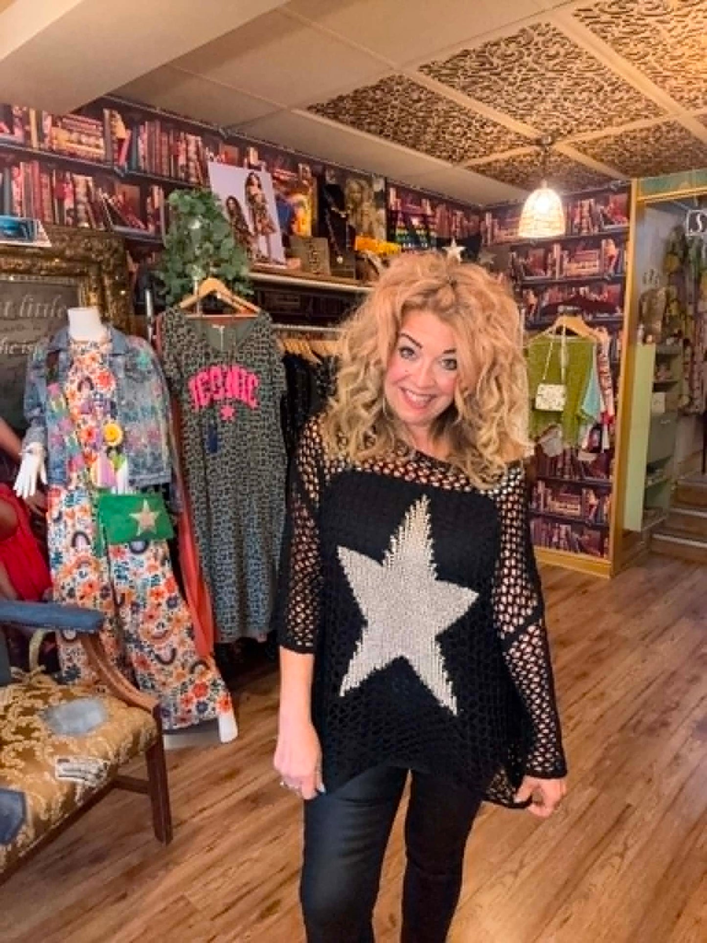 THE 'ROCK CHICK' FABULOUS BLACK CROCHET OVERSIZED KNIT WITH BOLD GOLD STAR DETAIL