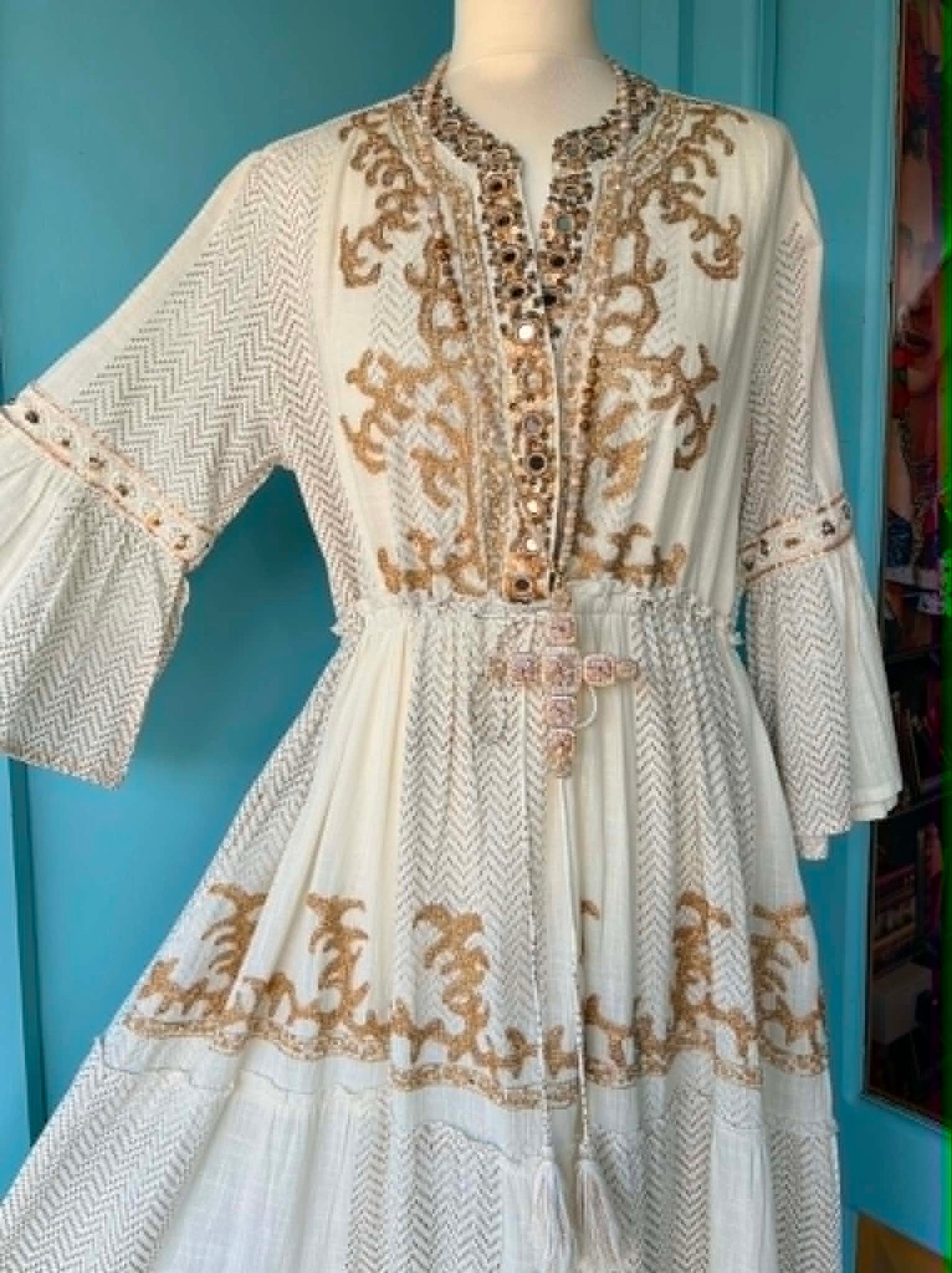 THE 'PALOMA' 100% COTTON STUNNING RICHLY EMBELLISHED IVORY BELL SLEEVE BOHEMIAN DRESS FROM OUR EXCLUSIVE SPANISH COLLECTION