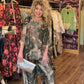 THE 'SIENNA' LUXURIOUS SILK BLEND MARBLE PRINT TWO PIECE FLOATY TROUSER SUIT PINK, KHAKI OR BLUE