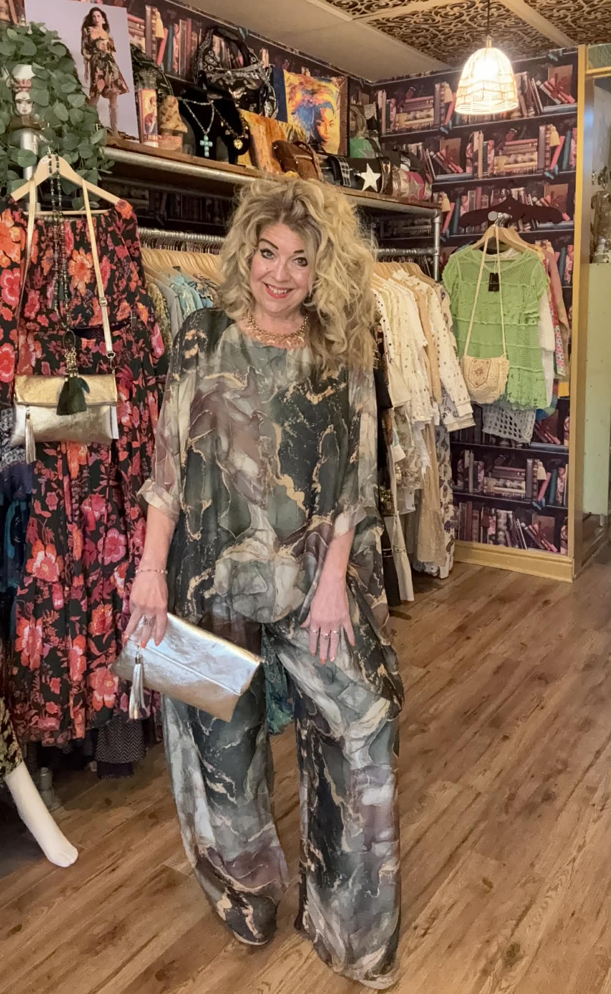 THE 'SIENNA' LUXURIOUS SILK BLEND MARBLE PRINT TWO PIECE FLOATY TROUSER SUIT PINK, KHAKI OR BLUE