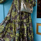 THE 'BOHEMIAN QUEEN' BREATHTAKING RICH GREEN AND GOLD FRILL DETAIL DRESS