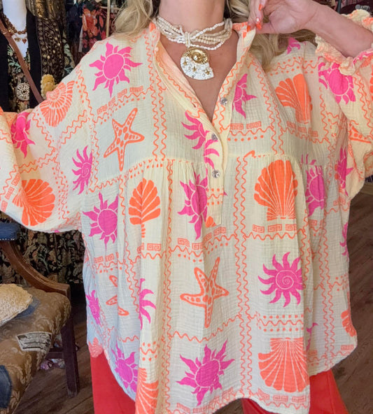 THE 'SOLEIL' STUNNING 100% COTTON SEA AND SUN PRINT BUTTON THROUGH SMOCK TOP MADE IN ITALY