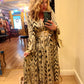 THE 'IKAT' ELEGANT AND FLOATY ETHNIC PRINT BUTTON THROUGH DRESS WITH ACCENTS OF GOLD