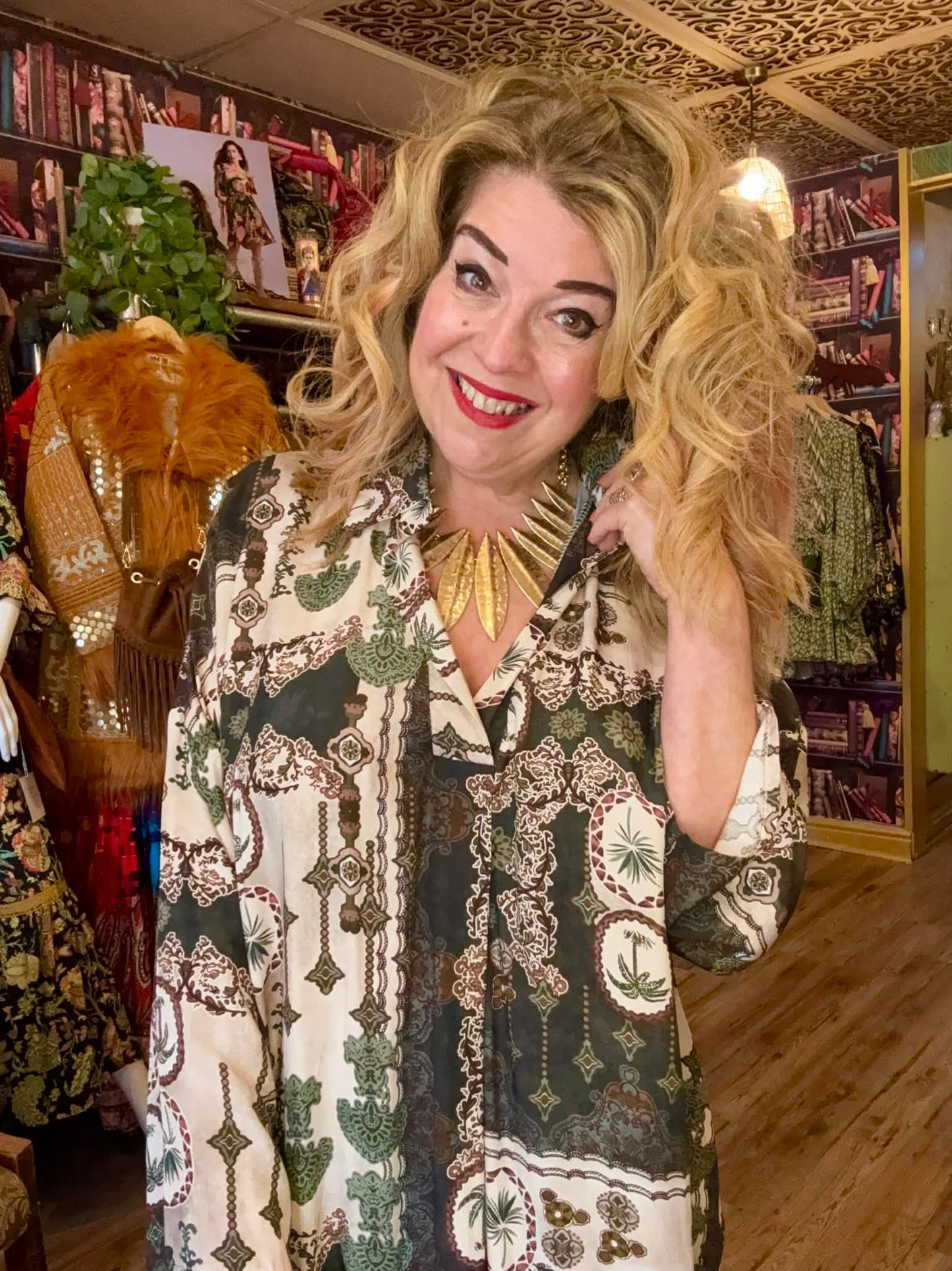 THE 'CASABLANCA' FABULOUSLY FLATTERING ETHNIC INSPIRED PRINT POCKET DETAIL SHIRT DRESS RUBY OR KHAKI