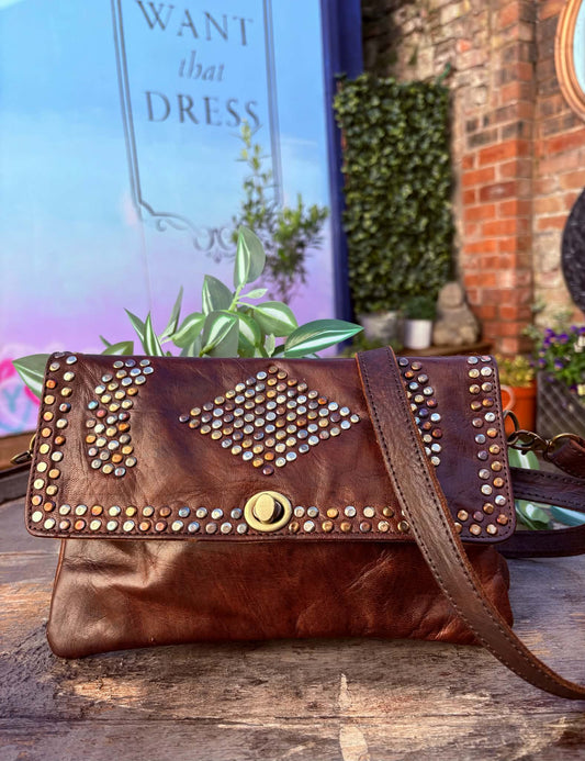 THE 'MARRAKECH' EXQUISITE 100% LEATHER HANDCRAFTED RICHLY STUDDED MOROCCAN HANDBAG IN CHOCOLATE BROWN