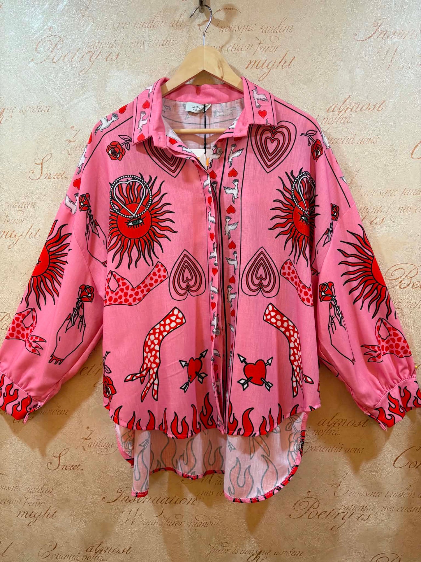 THE 'MYSTIC LOVE' CANDY PINK HEARTS & CELESTIAL SUN PRINT STATEMENT OVERSIZED SHIRT
