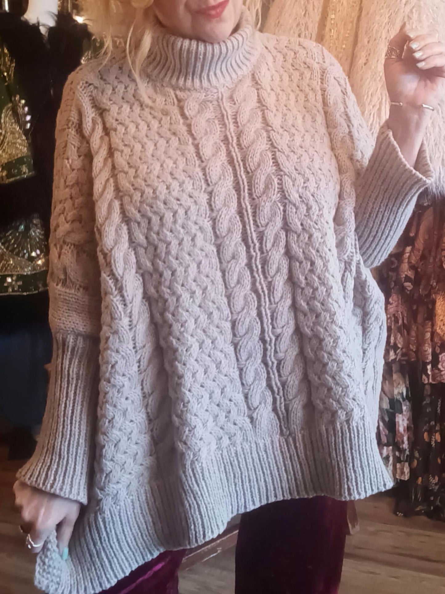 THE 'COASTAL GLOW' EXQUISITE QUALITY FUNNEL NECK CABLE KNIT WITH SPLIT DETAIL HEMLINE