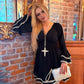THE 'LOLA' FABULOUS BLACK AND CREAM LACE TRIM BELL SLEEVE FLIPPY DRESS FROM OUR EXCLUSIVE SPANISH COLLECTION