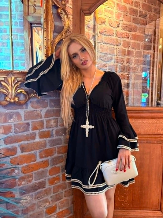 THE 'LOLA' FABULOUS BLACK AND CREAM LACE TRIM BELL SLEEVE FLIPPY DRESS FROM OUR EXCLUSIVE SPANISH COLLECTION