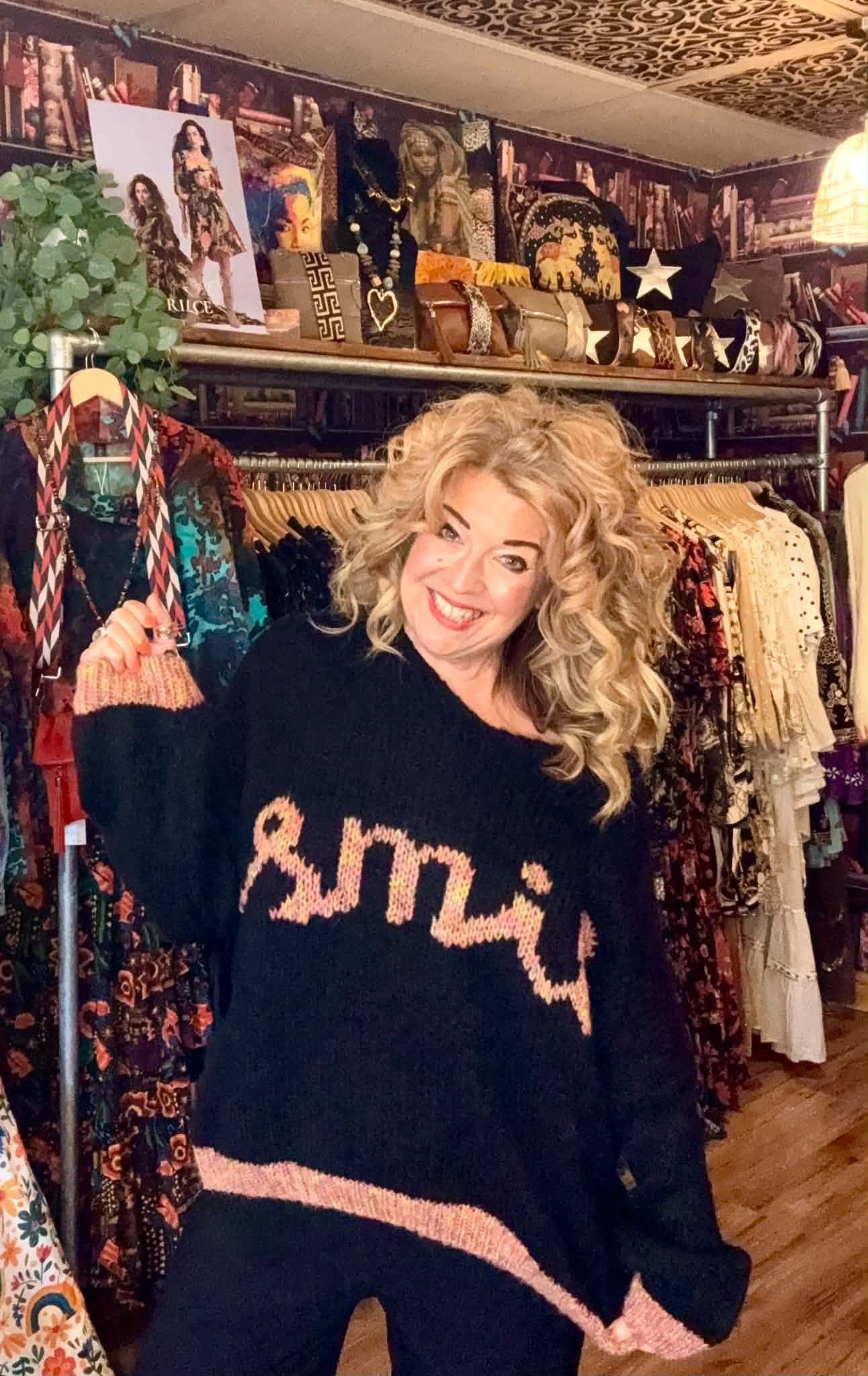 THE 'SMILE' COSY OVERSIZED SNUGGLE JUMPER IN BLACK WITH RAINBOW COLOURED SMILE MOTIF