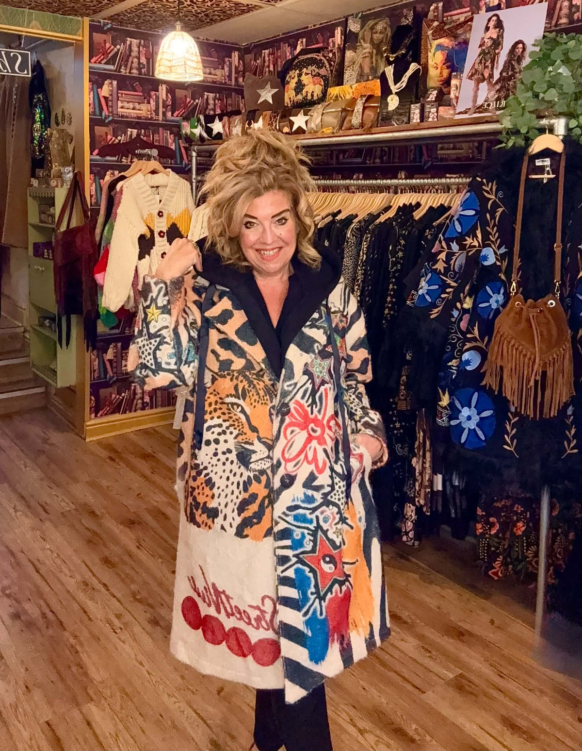 THE 'URBAN JUNGLE' FABULOUS GRAFFITI, TIGER AND MYSTIC PRINT COAT WITH HOODIE STYLE DETAIL