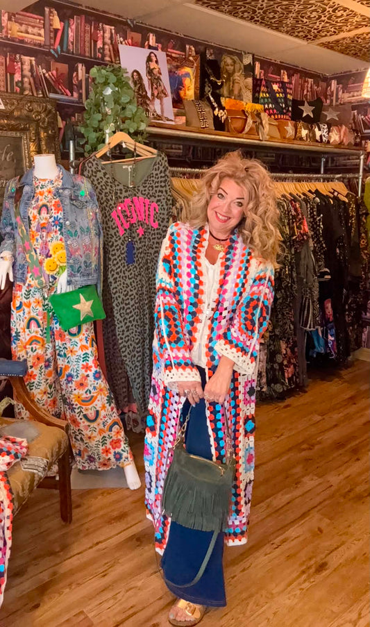 THE 'PATSY' CROCHET SQUARES 70'S STYLE MAXI CARDIGAN IN PRETTY RAINBOW COLOURS