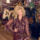 THE 'CLARA' BEAUTIFUL CHIFFON BUTTON FRONT WATERFALL FRILL BLOUSE IN A PLUM AND SPICE DITSY PRINT