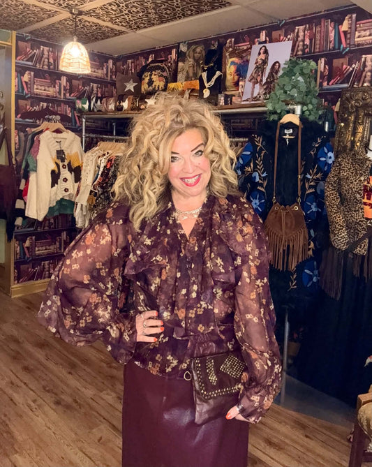 THE 'CLARA' BEAUTIFUL CHIFFON BUTTON FRONT WATERFALL FRILL BLOUSE IN A PLUM AND SPICE DITSY PRINT