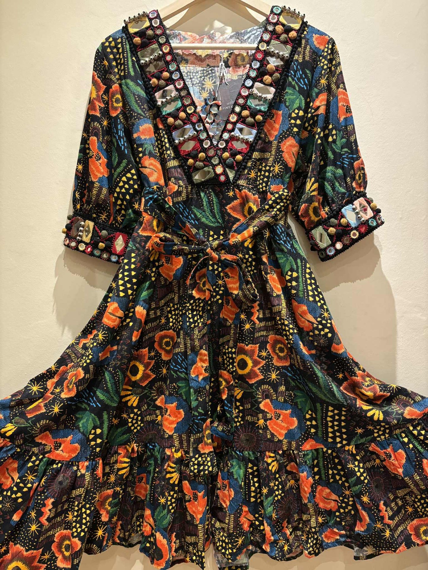 THE 'LYLA MIDI' EXQUISITELY EMBELLISHED BRIGHT AND BEAUTIFUL NEEDLECORD DRESS FROM OUR EXCLUSIVE SPANISH COLLECTION