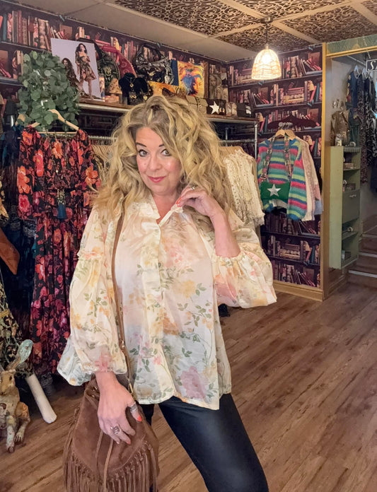 THE 'EVELYN' STUNNING 70'S STYLE ENGLISH FLORALS FINE AND FLOATY FRILL BALLOON SLEEVE BLOUSE PINK OR YELLOW