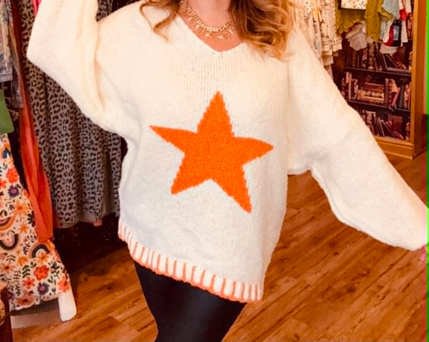 THE 'SUPERSTAR' FABULOUSLY SOFT STAR DETAIL OVERSIZED SNUGGLE JUMPER IN CREAM AND ORANGE