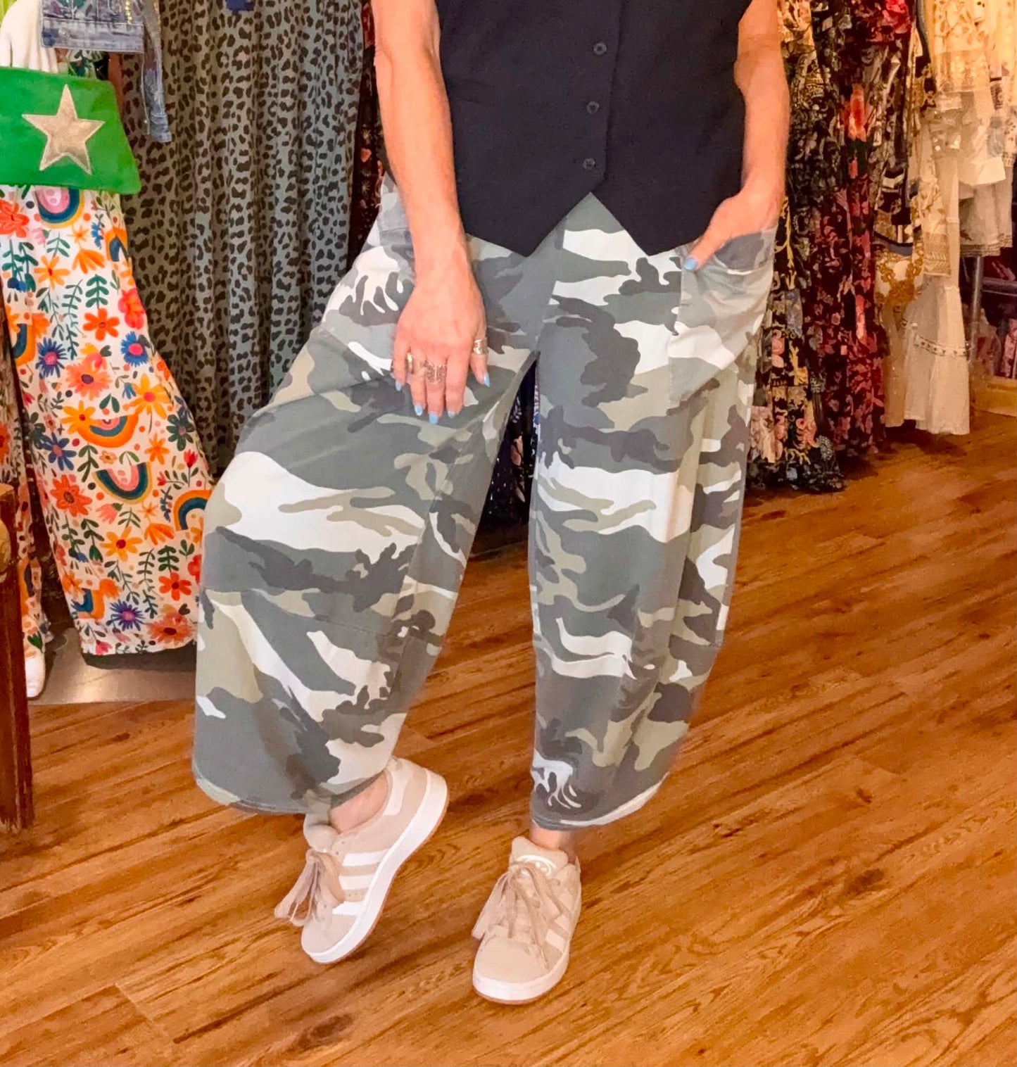 THE 'GOLDIE'SUPER SOFT CAMO PRINT STRETCH WAIST OVERSIZED POCKET COCOON PANTS