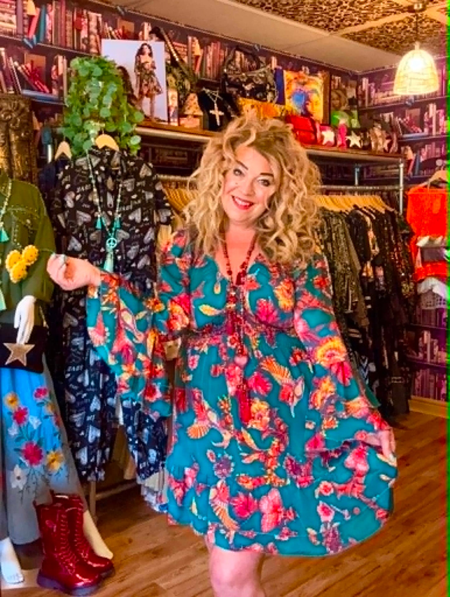 THE 'MARITZA' STUNNING FLOATY BELL SLEEVE DRESS IN A BIRD OF PARADISE PRINT FROM OUR EXCLUSIVE SPANISH COLLECTION
