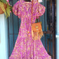 'ELEANOR' STUNNING PLISSE ANGEL SLEEVE MAGIC DRESS WITH SWISHY HEM AND TASSEL DETAIL MAGENTA PRINT