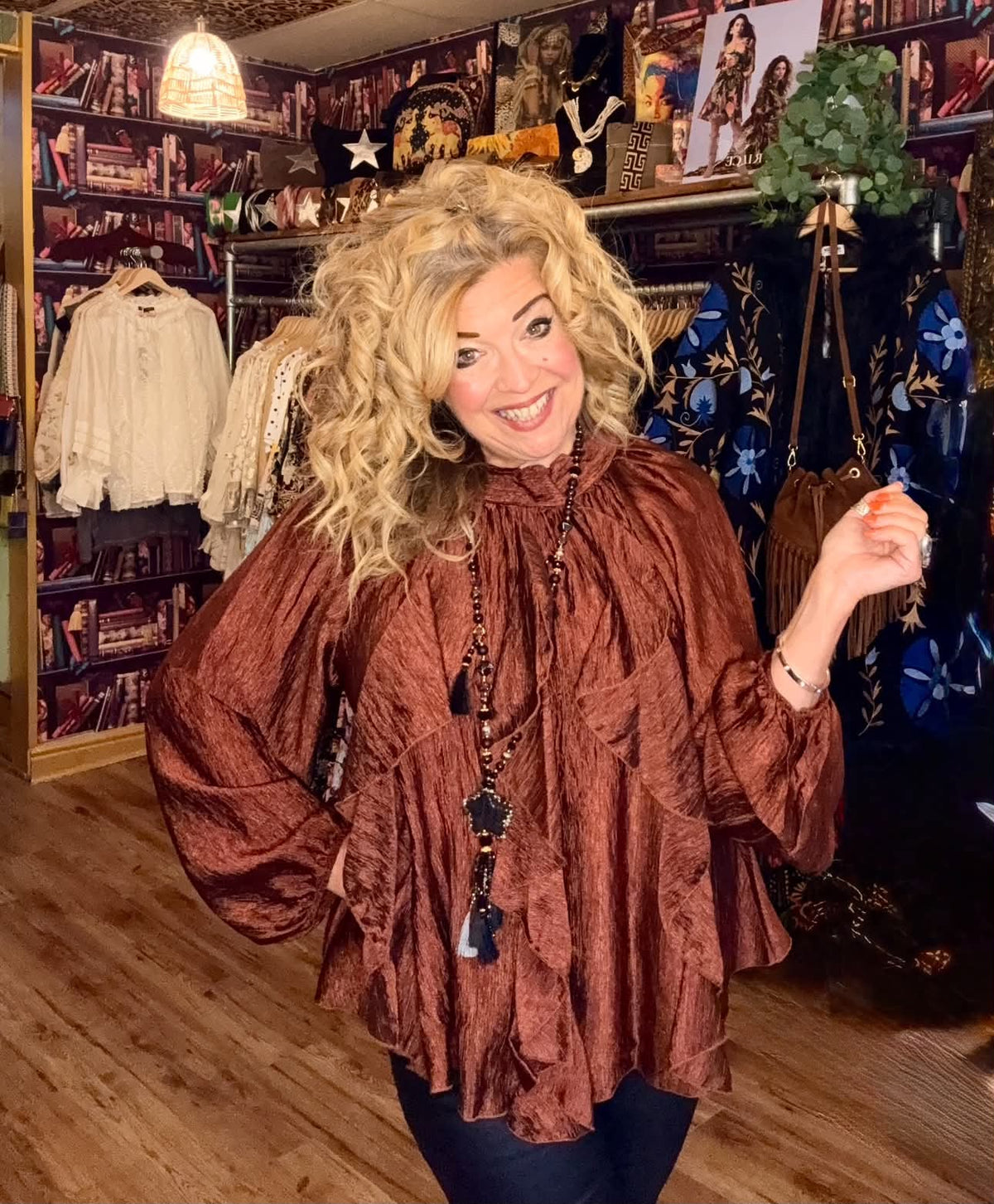 THE 'RHIANNON' FABULOUS WATERFALL FRILL FRONT BALLOON SLEEVE BLOUSE WITH TIE NECK DETAIL THREE COLOURS!
