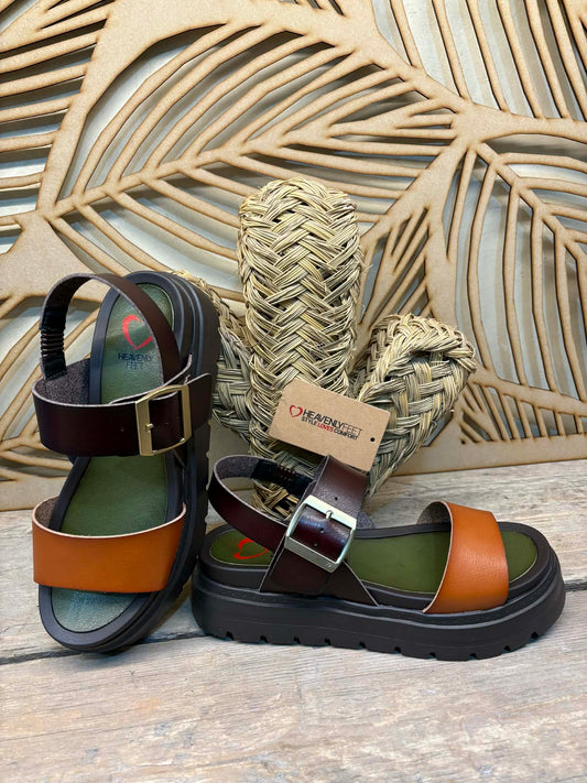 THE 'ROMA' TAN AND CHOCOLATE MODERN URBAN CHUNKY BUCKLE DETAIL SANDAL