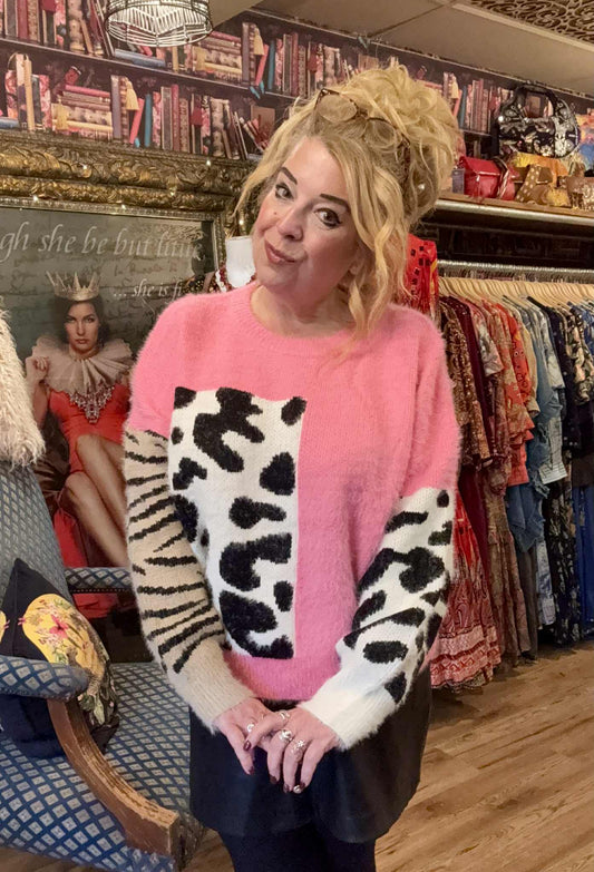 THE 'HOTCHPOTCH LEOPARD' COSY FEEL FLUFFY KNIT IN PINK OR ORANGE