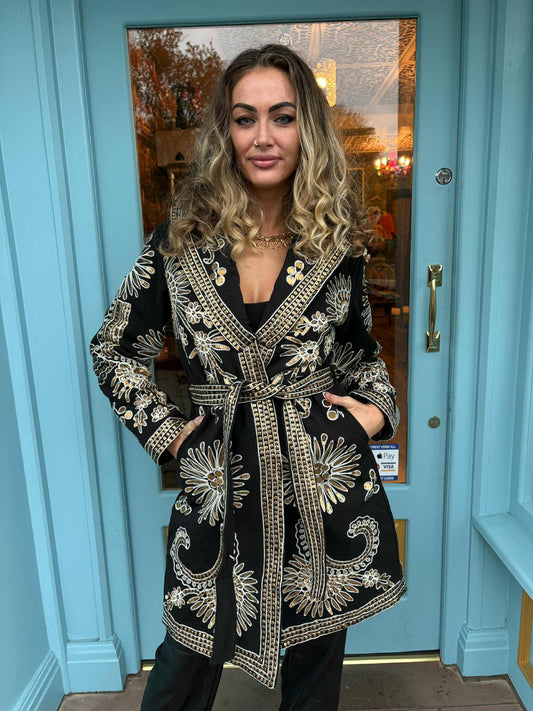 THE 'YARA' STUNNING EMBROIDERED AND SEQUINNED SHAWL COLLAR COAT WITH COSY QUILTED LINING. EXCLUSIVE FROM SPAIN