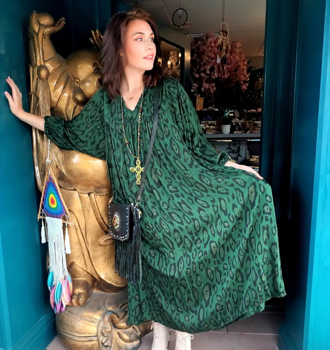 'TALULLAH' BEAUTIFUL BOTTLE GREEN MUTED ANIMAL PRINT DRESS. OVERSIZED STYLE.