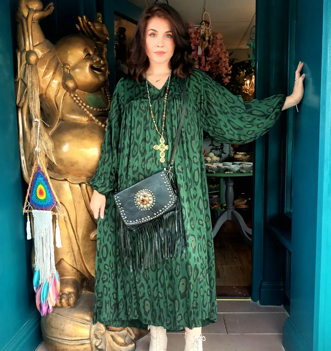 'TALULLAH' BEAUTIFUL BOTTLE GREEN MUTED ANIMAL PRINT DRESS. OVERSIZED STYLE.